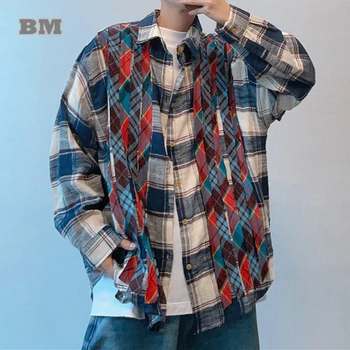 Японска градинска облекло, риза в цвят клетка в стил мозайка, Мъжки дрехи, Корейската риза в стил хип-хоп с цветен модел, Мъжки ежедневни риза в стил харадзюку с дълъг ръкав