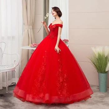Ново червена бална рокля с открити рамене, Кривата рокли, Маскарадните рокли 15 Anos, Модни официални рокли принцеса с дантелен бродерия,