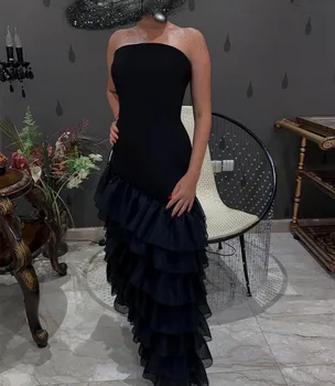 Elegant Long Black Strapless Evening Dresses A-Line Шифон فساتين سهرة Prom Dress Starpless Pleats рокля за бала рокля