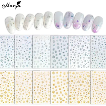 3D Коледни стикери за нокти Monja, Холограма на Самозалепващи Етикети за дизайн на ноктите под формата на златни, сребърни пайети във формата на снежинки, декорации за маникюр със собствените си ръце