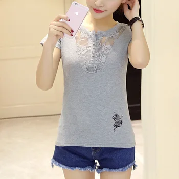 Пролетно-лятна нова корейска жена лейси отворена риза, однотонная памучен тениска на големия размер, с къси ръкави