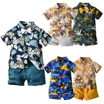Детски дрехи, Детски костюми-тениски за по-малките момчета, лятна плажна риза с копчета, с къси детски къси панталони, Нов моден бутик, 2 бр.