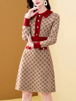 Елегантно дамско вязаное рокля в клетката, копчета в стил мозайка, куклен яка, Коварен женствена рокля трапецовидна форма, с дълъг ръкав, есен-зима, пуловер 2023 година